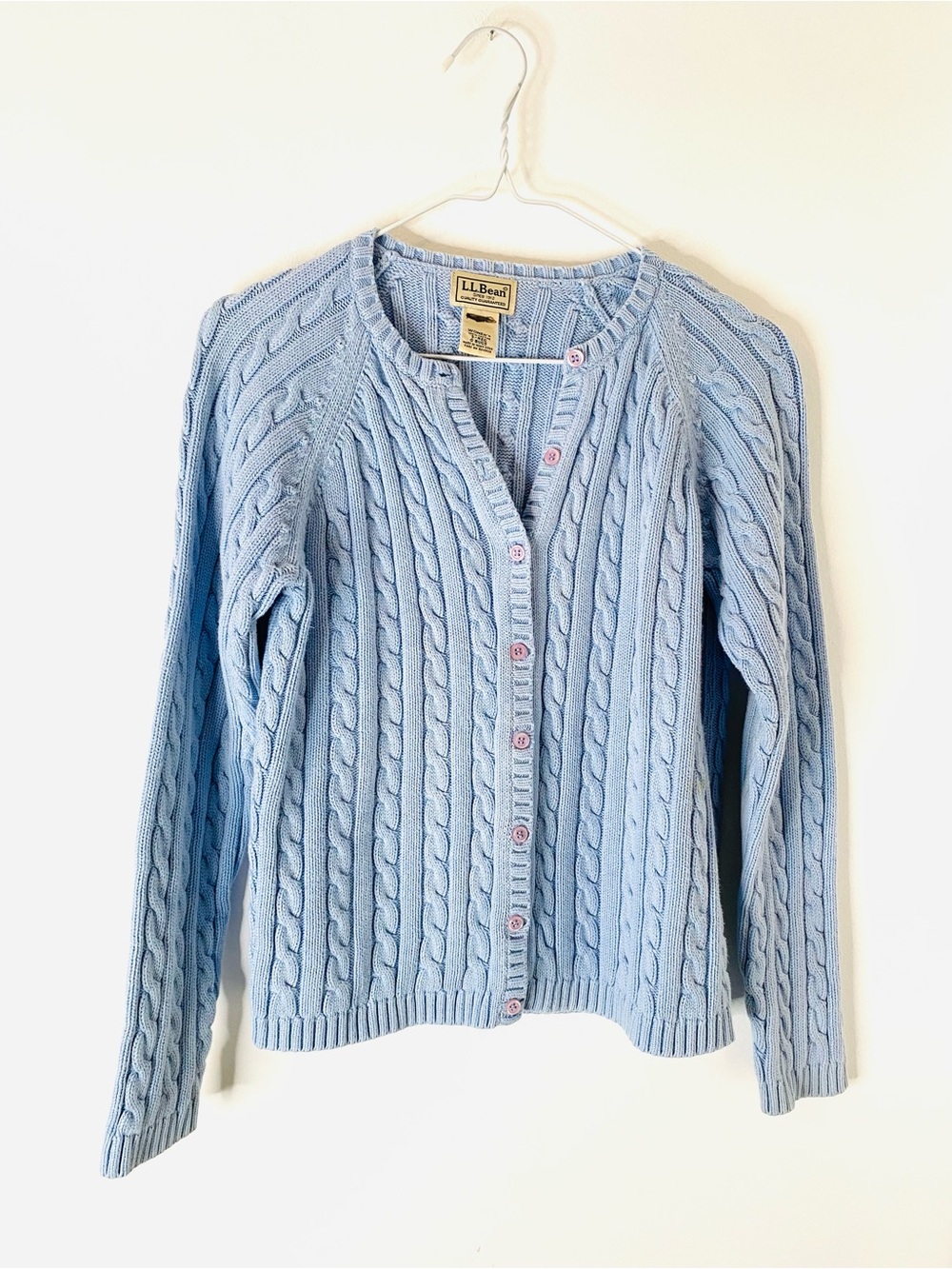 L.L. Bean Blue 100% Cotton Cable Knit Button Front Cardigan Sweater